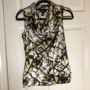 Cowl neck grey, black, and yellow satin top